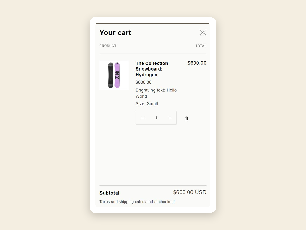 Selections saved to the cart and order